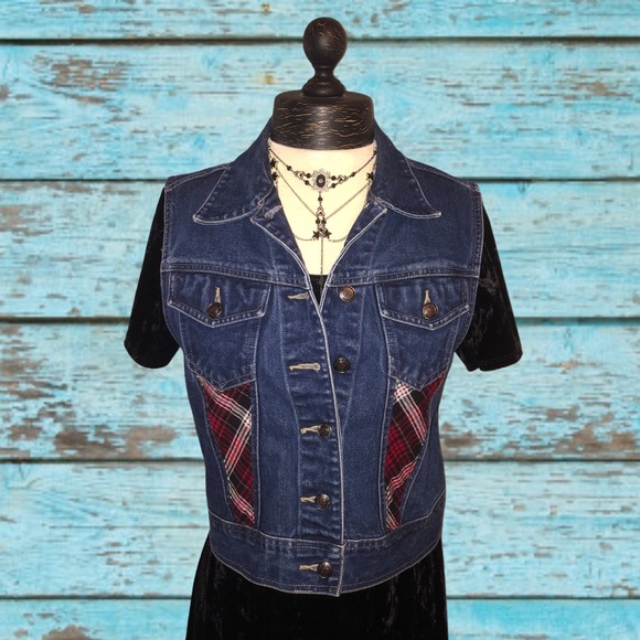 Upcycled Red Plaid Stars Rocker Punk Denim Vest - Picture 2 of 13